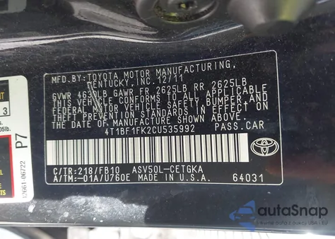 2012 Toyota Camry Xle из США, поврежденный, VIN 4T1BF1FK2CU535992